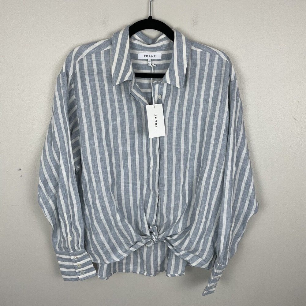 FRAME Tie Up Striped Linen Shirt Top Chambray Multi Blue Sz L $265 NEW Button Up